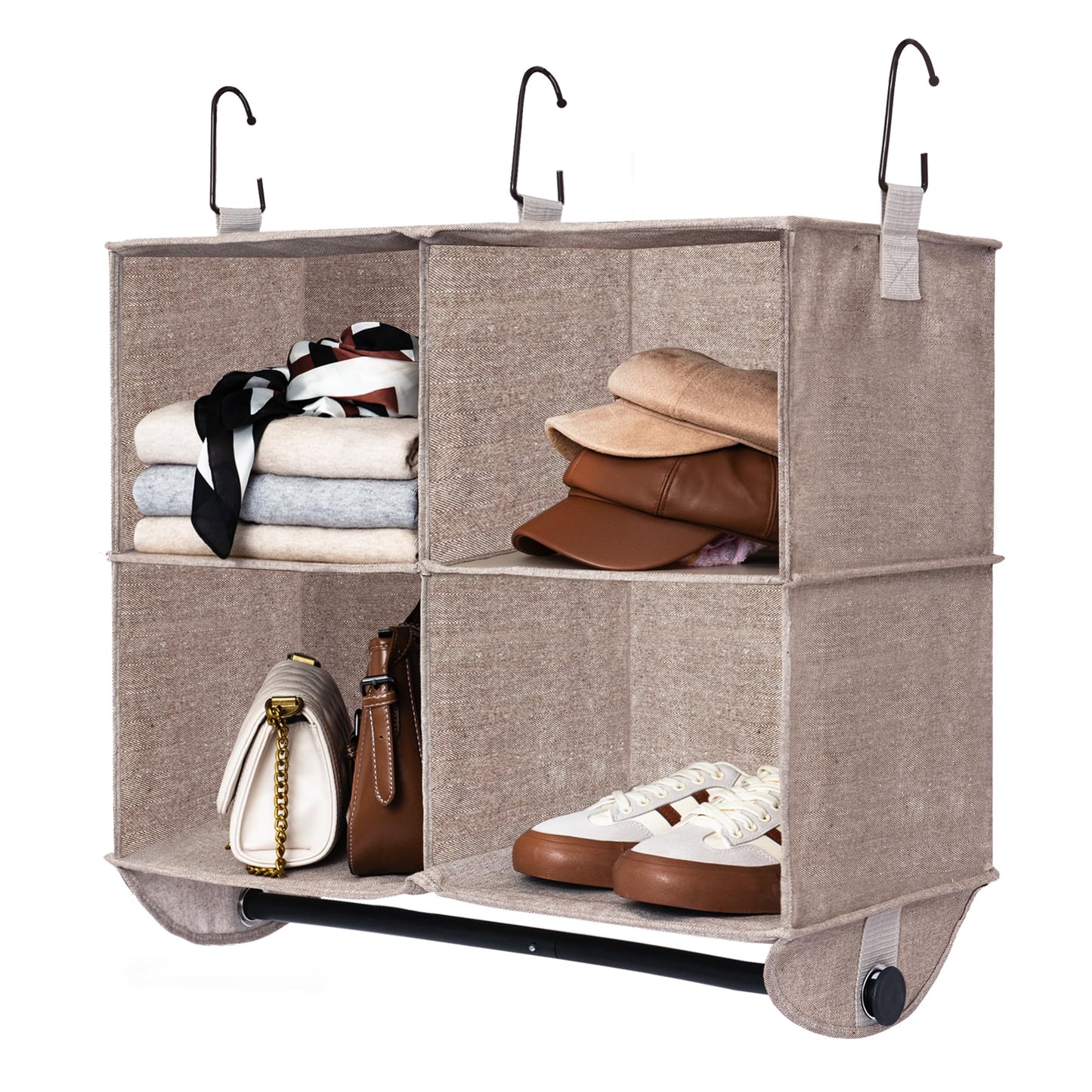 StorageWorks Hanging Closet Organizer with Metal Rod, 4-Section Closet Organizers and Storage, Collapsible Hanging Shelves for Baby Clothes, Shoes, Sweater Storage, Brown and Beige