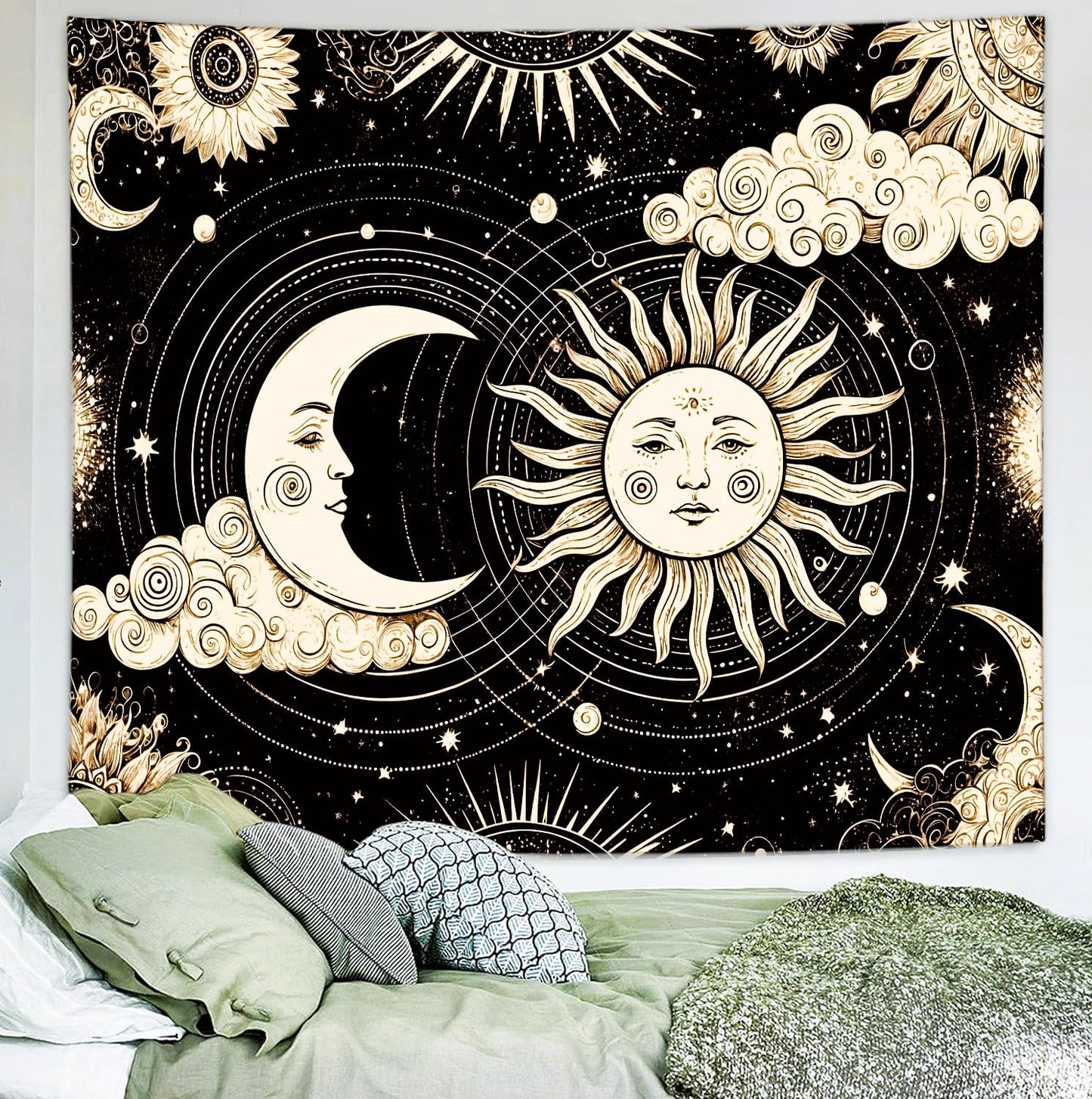 Delur Sun and Moon Tapestry Black Dark Boho Spiritual Burning Sun Tapestry Wall Hanging Mystic Aesthetic Cloud Abstract Star Psychedelic Headboard for Bedroom Living Room Home Decor (51.2" x 59.1")