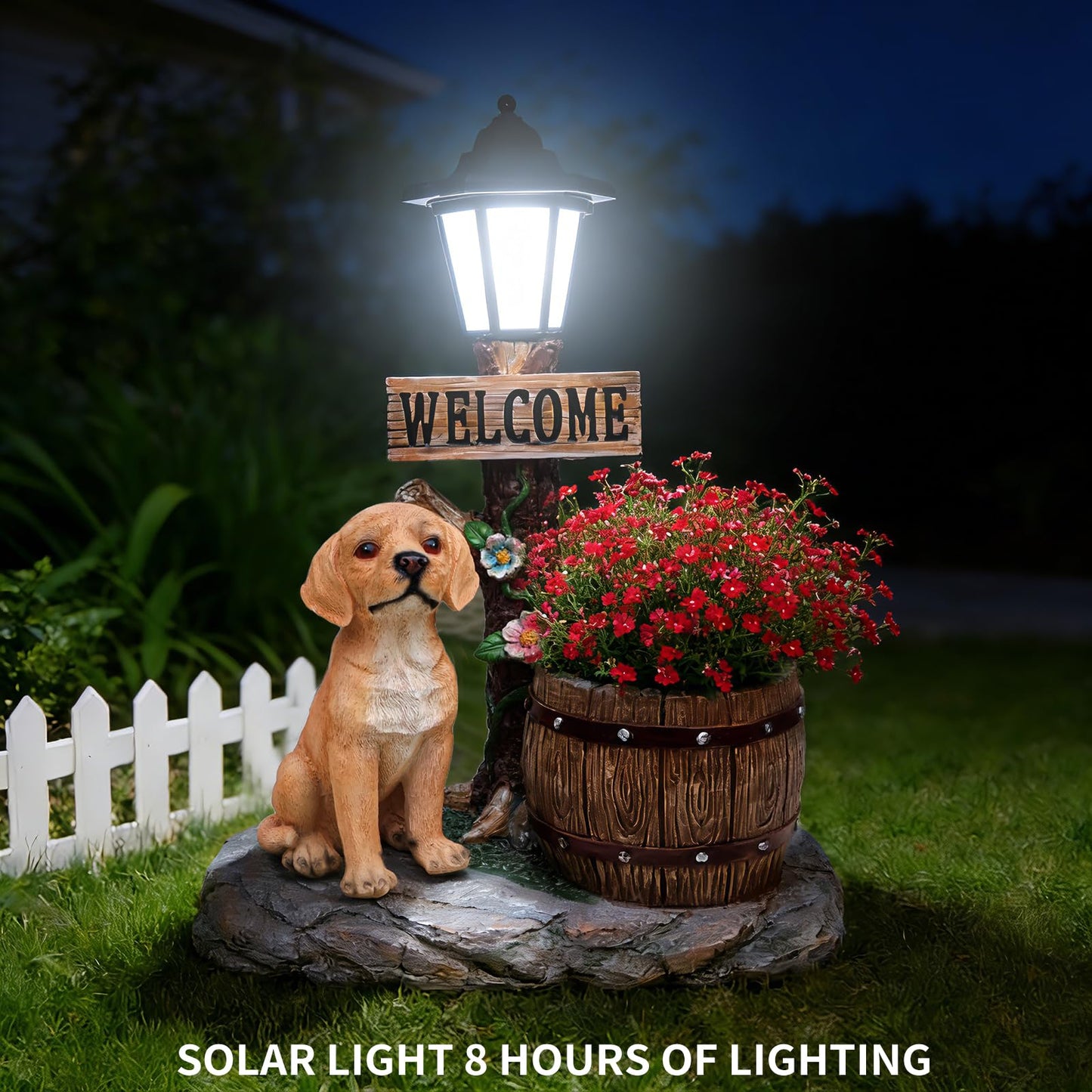 UNOIRNM Golden Retriever Puppy Garden Statue - with Solar Light and Wood Barrel Planter, 18.5" Tall Welcome Dog Figurine for Lawn Decor, 9.3 lbs Durable Resin Outdoor Ornament, 15.4" Length