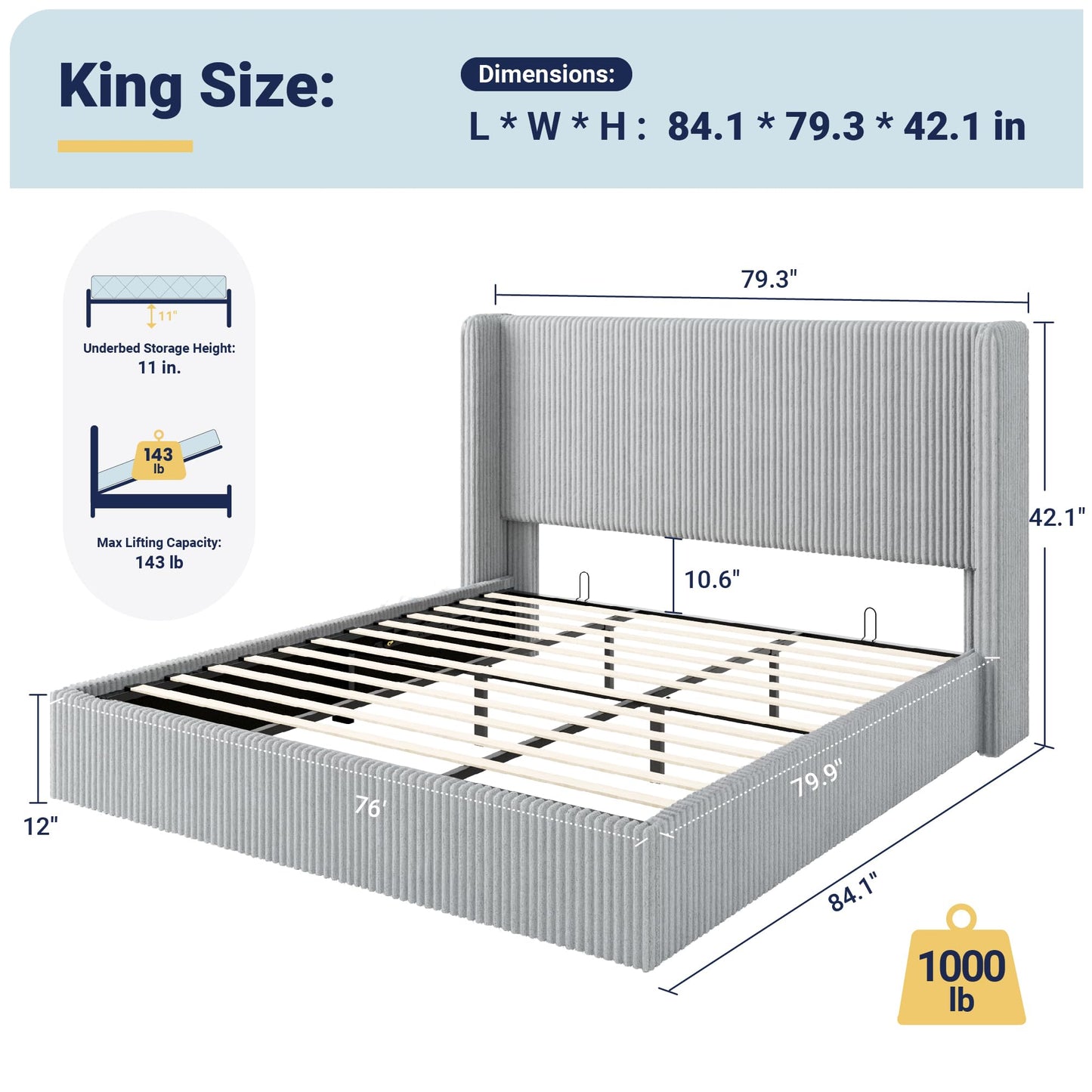 Allewie King Lift-Up Storage Bed Frame with Modern Wingback Headboard, Corduroy Upholstered Platform Bed, Hydraulic Gas Lift Support, Underbed Storage, Wooden Slats, No Box Spring Needed, Grey