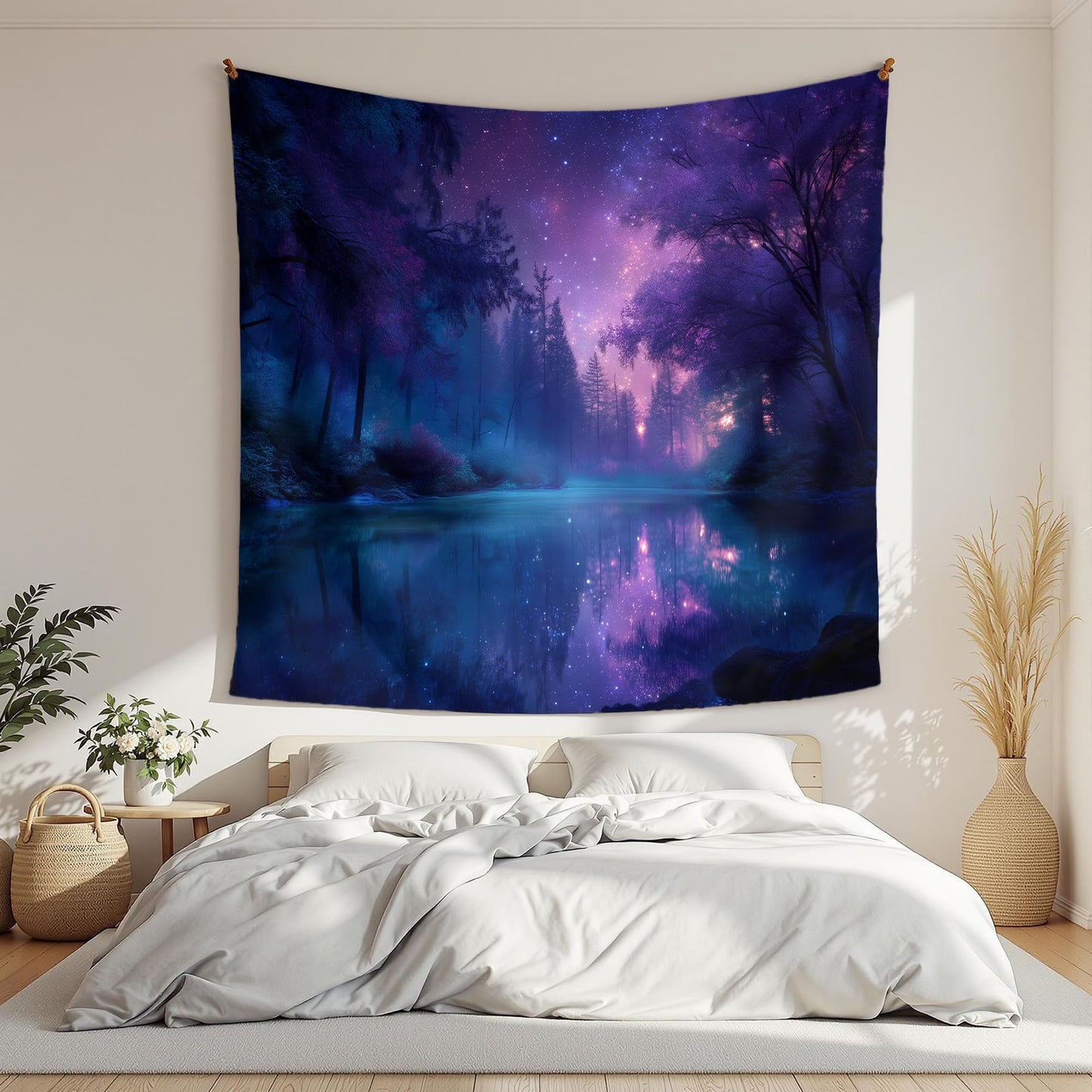 Xolytar Purple Galaxy Forest Tapestry - Starry Night Sky with Misty Trees & Lake Reflection, Dreamy Indie Aesthetic, Cosmic Wall Art for Teen Girls Bedroom Dorm Decor (50x60)