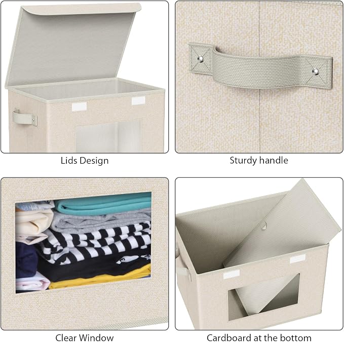 Univivi Collapsible Stackable Storage Bins with Lids [4-Pack] Foldable Fabric Closet Organizer Basket, Closet Organizers and Storage Cube Storage Bin for Home, Office, Bedroom (Beige, 17“ x 12” x 12")