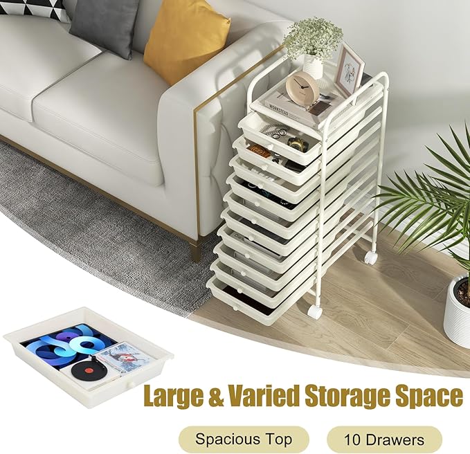 MEDIMALL 10 Drawers Rolling Storage Cart, Multipurpose Craft Storage Cart with Wheels, Mobile Tools Scrapbook Paper Organizer Cart for Office School Home Use
