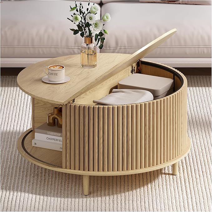 JOINICE,Round Coffee Table with Storage, 31.5" Natural Oak Fluted Center Table with Sliding Door, Modern Circle Drum Table for Living Room, Scandi Wood Furniture for Small Spaces