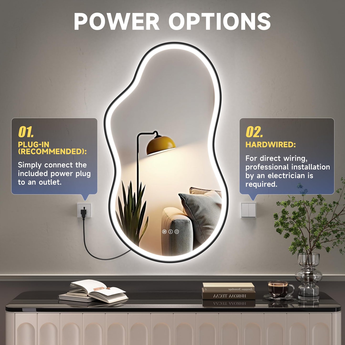 Hasipu Irregular Bathroom Mirror with Lights - 24"x35" LED Asymmetrical Wall Mirror, Abstract Modern Lighted Vanity Mirror for Wall, Anit-Fog, Dimmable, Memory, Vertical/Horizontal (Black