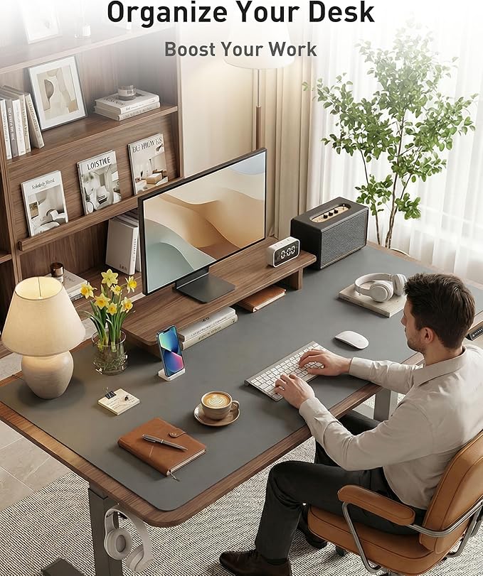 Aothia Faux Leather Desk Mat - Large Mouse Pad, Non-Slip PU Leather Blotter, Waterproof Writing Surface for Office and Home (Grey, 40" x 24")