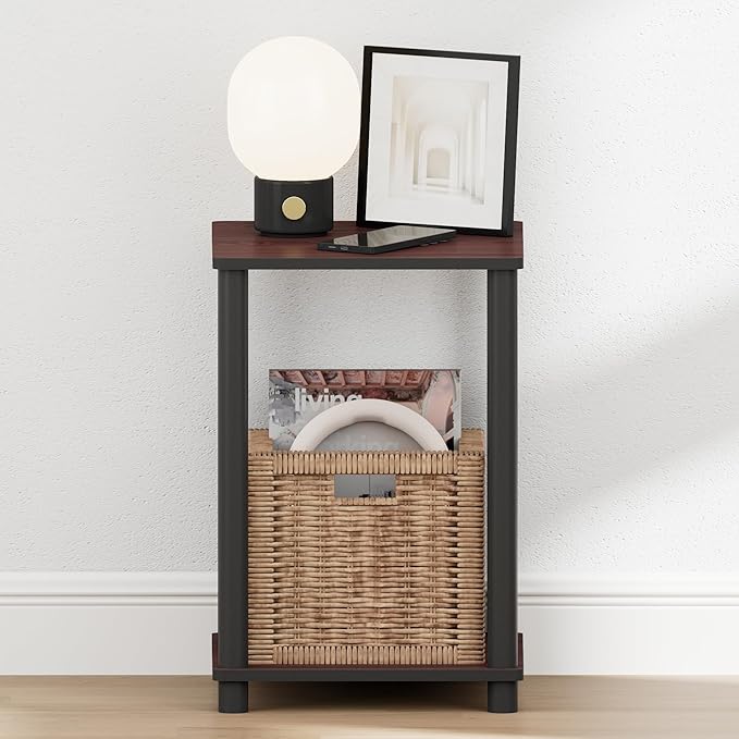 Furinno Turn-N-Tube Night Stand, 2-Tier Open Shelf Design Nightstand, Toolless Square Bedside Table, End Table, Side Table, for Bedroom, Closet, Dorm, Dark Cherry