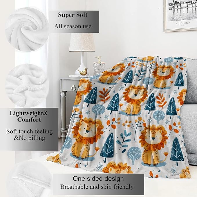 Cute Lion and Forest Blanket,Fun Cartoon Jungle Theme Throw Blankets,Birthday Gifts for Kids & Animal Lovers,Lightweight Soft Fleece,for Picnic Sofa Couch Bed Room Travel,Modern Decor,60x80in