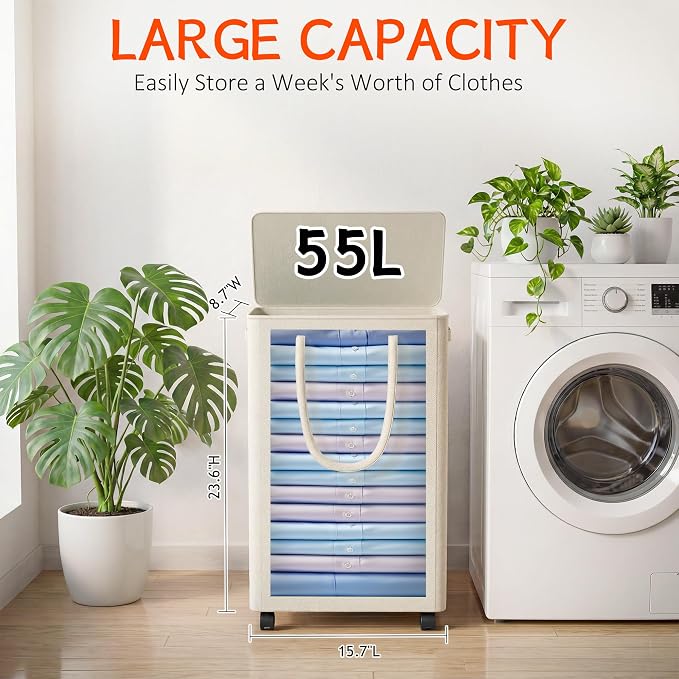 Slim Laundry Hamper with Wheels,15 Gal (55L) Rolling Laundry Basket with lid and wheels Clothes Hamper Foldable Tall Dirty Clothes Basket Sturdy Collapsible Clothes Hamper for Dorm,Laundry Room