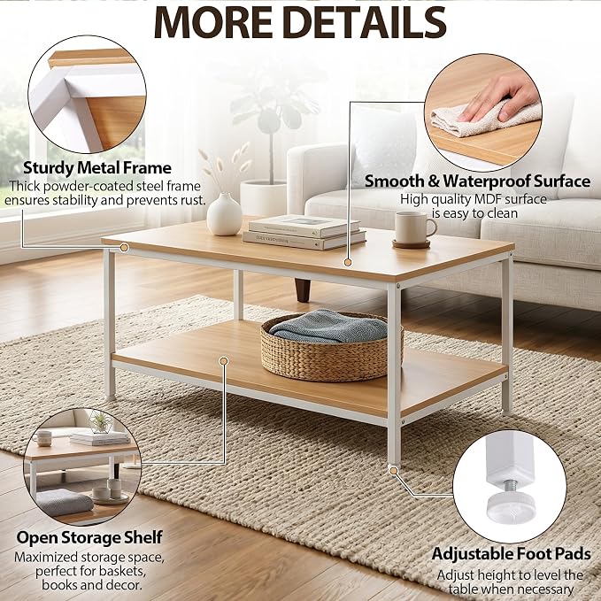 SUPER DEAL 2-Tier Industrial Coffee Table with Storage Shelf for Small Apartment Living Room, Rectangle Wood and Stable Metal TV Stand Side End Table, Natural Wood