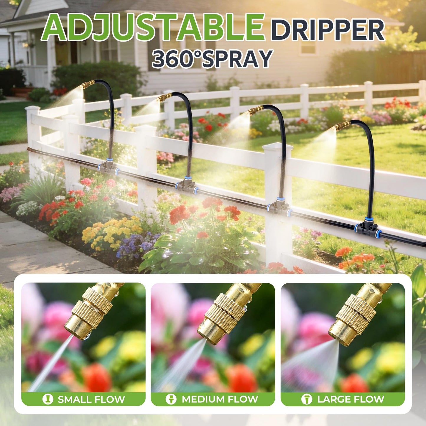 HIRALIY 360° Adjustable Drip Irrigation System 100FT, 1/4" Tubing with Adjustable Copper Nozzles, Automatic Atomizing Watering Kit for Garden, Yard, Lawn, Greenhouse & Potted Plants