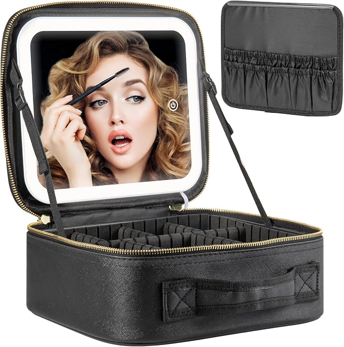 Extrei Gent Makeup Travel Train Case with Mirror LED Light 3 Adjustable Brightness Large Cosmetic Bag Portable Storage Adjustable Partition Waterproof Makeup Brushes Make up Jewelry Gift for Women