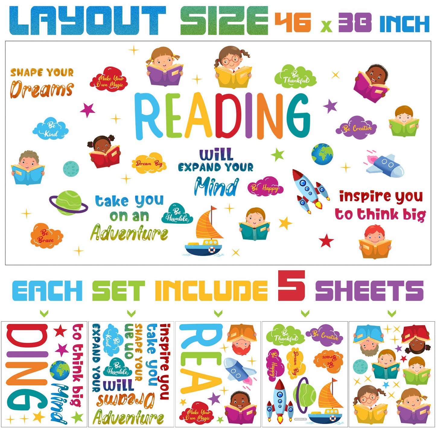 Leinuosen Kids Wall Decals Classroom Colorful Inspirational Decals Daycare Playroom Wall Decor Motivational Positive Saying Sticker(Reading)