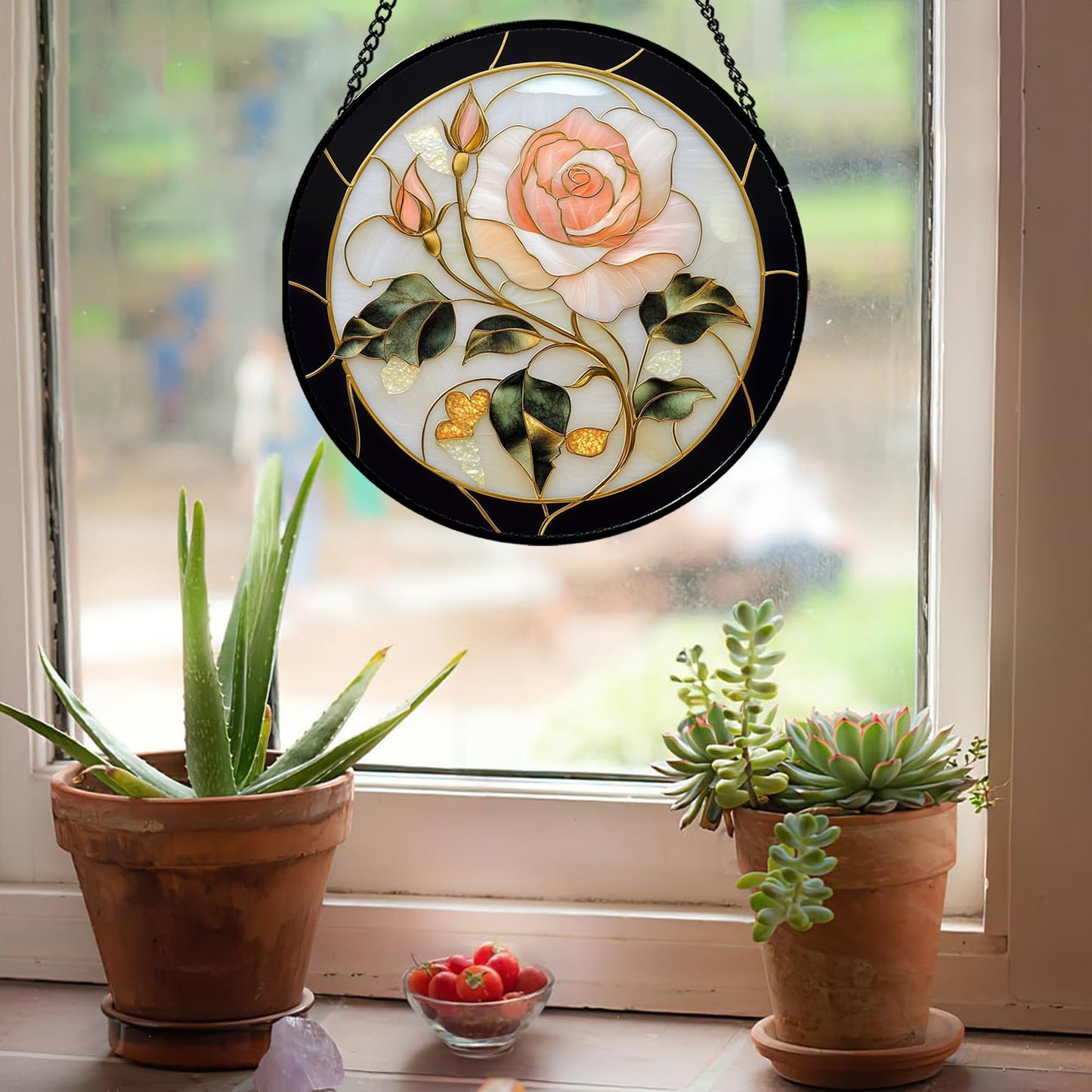 AMDERVEN Stained Glass Window Hanging - Black White Pink Rose Sun Catcher for Door Home Decor Flower Suncatcher Christmas Mother's Day Birthday Gifts for Women Men Lovers Mom Nana 15 in