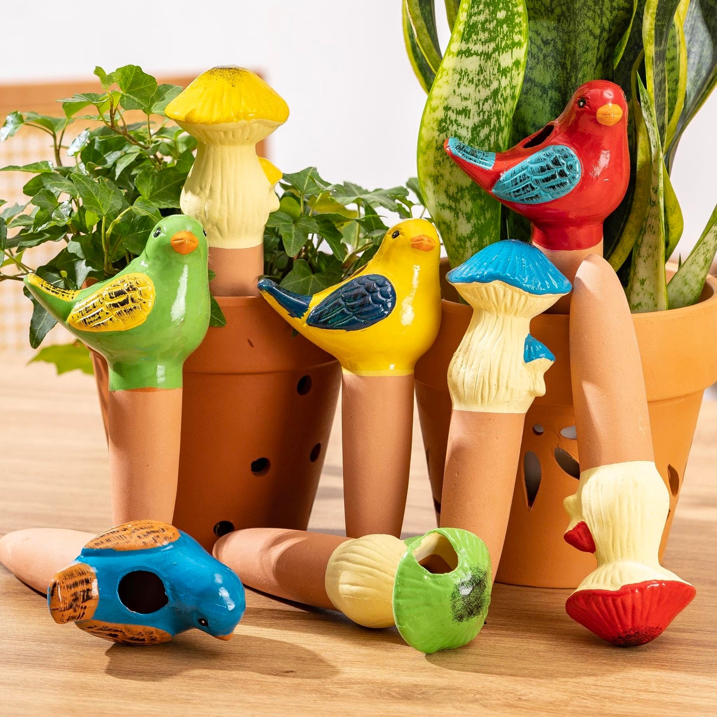 LumDecor 4 Pack Self Watering Bird Shaped Globes, Terracotta Vacation Planters Devices with Slow Release Automatic Watering Spikes, Plant Watering Pots for Indoor and Outdoor Potted Plants