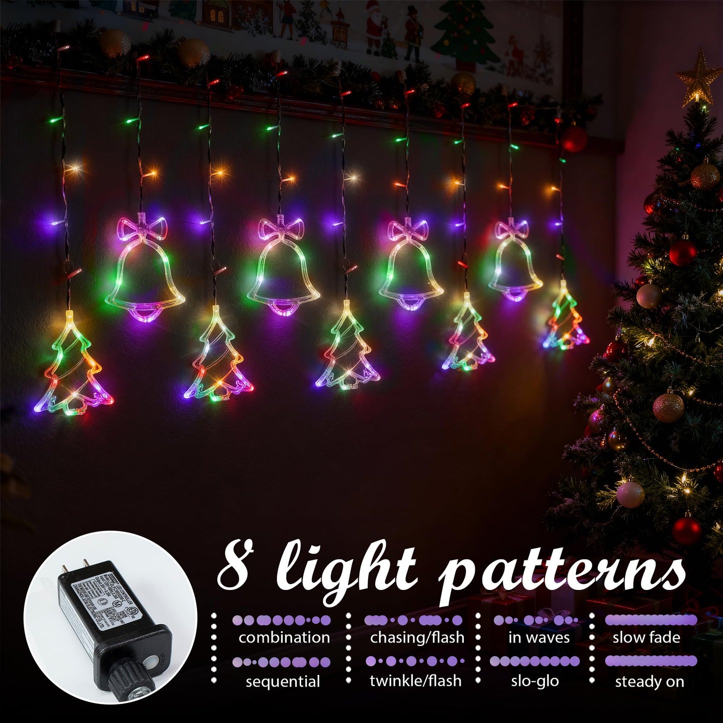 NWLIGHT Christmas Window Lights 140LED, 9ft Christmas Curtain Lights with Tree Bell 8 Modes Xmas String Lights Decorations for Bedroom Wall Window Indoor Outdoor Party Decor