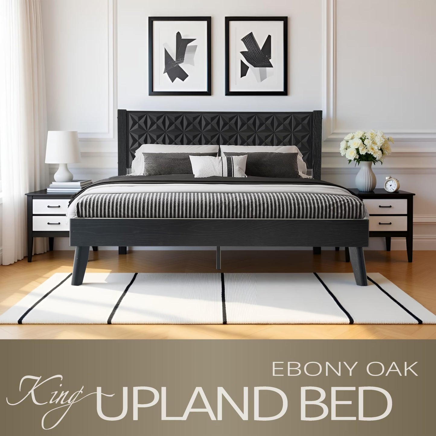 King Size Platform Bed Frame with Solid Wood Headboard & Footboard, 12 Sturdy Slatted Base with Central Metal Legs, Noise-Free & Slip-Free, Easy Assembly, No Box Spring Needed, Ebony Oak Finish UPK-35