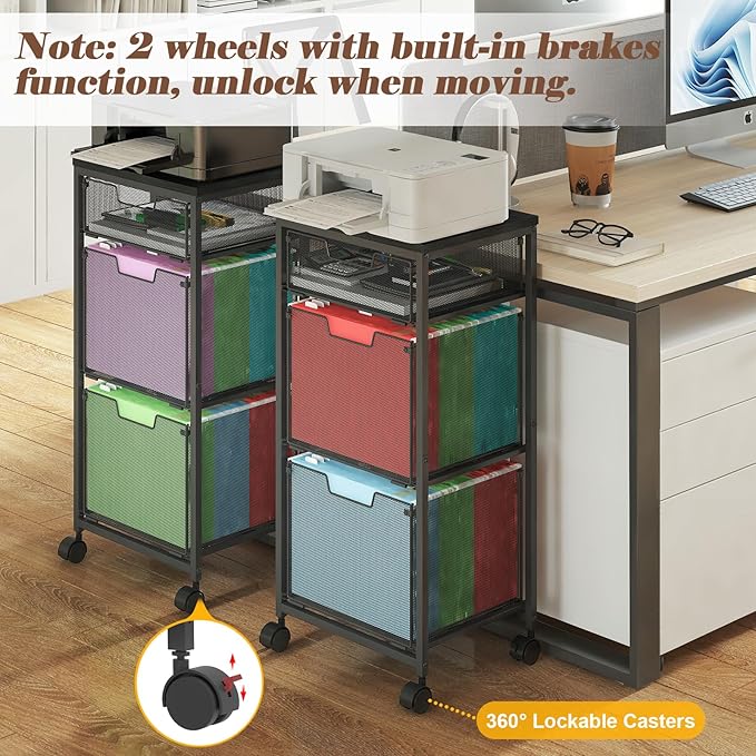 Sbanmao 3 Drawer Mobile File Cabinet for Home Office, Rolling Filing Cabinet on Lockable Wheels, Hanging File Folders Organizer, Utility Cart Storage and Organizer, Printer Stand, Black