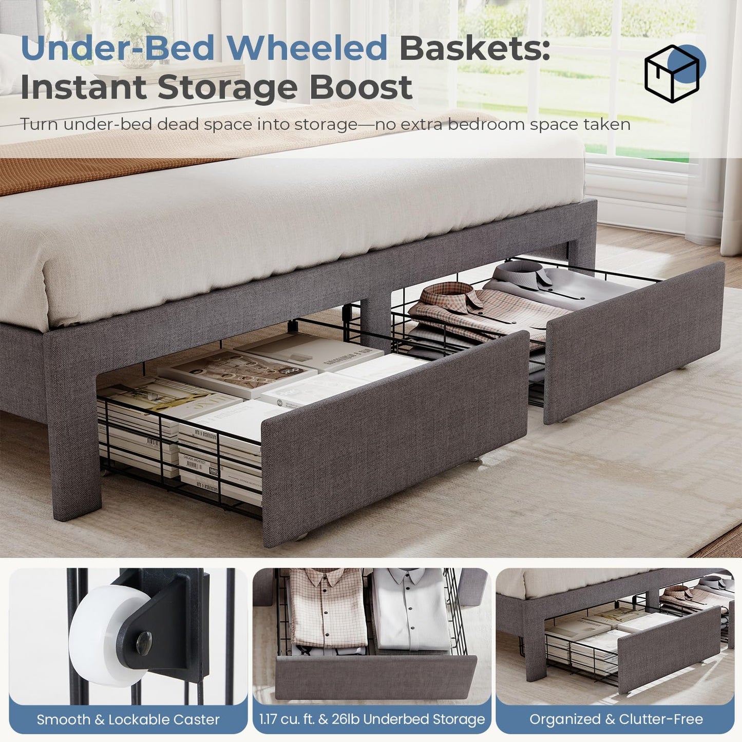 HAPPYMONT Queen Size Upholstered Bed Frame with Storage Drawers, Platform Bed with Fabric Headboard, Wooden Slats Support, No Box Spring Needed, Easy Assembly, Gray