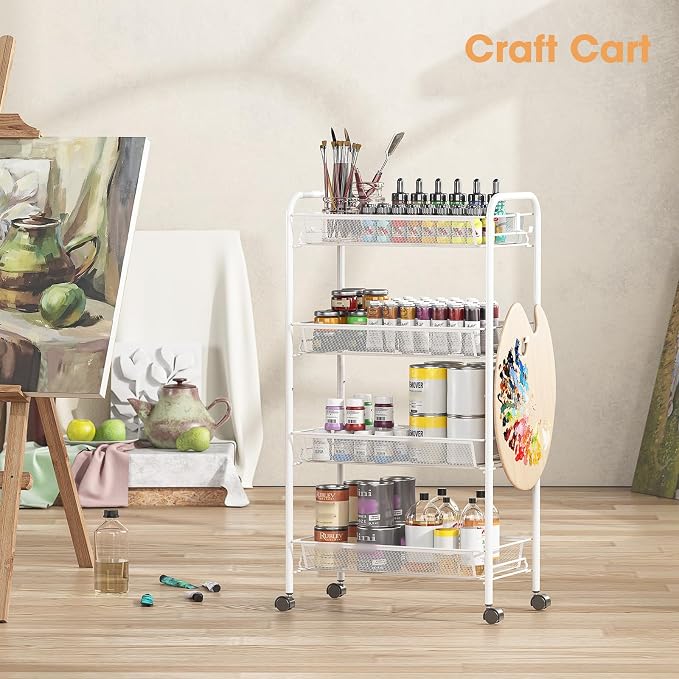 TOOLF 4-Tier Rolling Cart, Metal Utility Cart with 3 Hooks, Easy Assemble Mobile Storage Trolley On Wheels, Metal Shelving Units Kitchen Bathroom Laundry Room