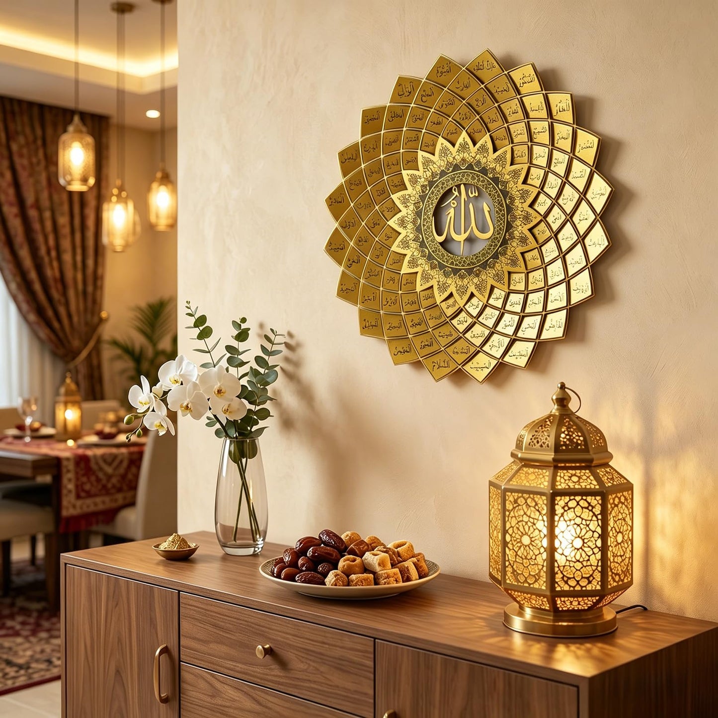 BoiCkyo 99 Names of Allah Islamic Wall Art, 3D Handmade Gold Metal Arabic Calligraphy for Living Room & Prayer Room, Ready to Hang Muslim Gift for Ramadan & Eid (19.7"x19.7")