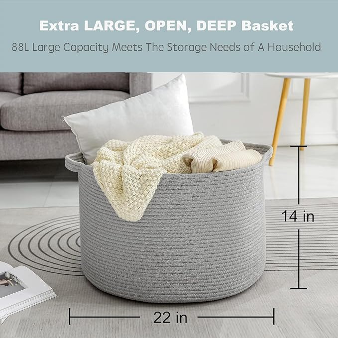 MEGASKET Extra Large Grey Storage Basket, 22" X 22" X 14" XXXL Blanket Basket for Living Room, Gray Wicker Woven Cotton Rope Baskets for Storage, Kids Toy Baskets Bins, Decorative Pillow Towel Basket
