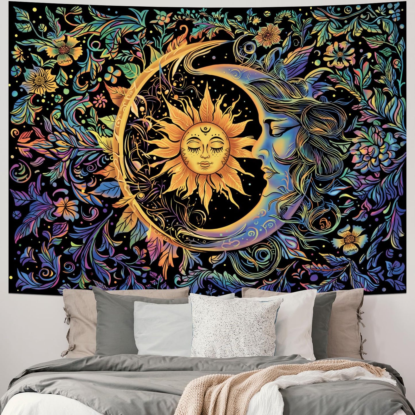 Sun and Moon Tapestry Psychedelic Mystic Floral Tapestry Hippie Boho Flower Plants Wall Tapestries Vintage Aesthetic Tapestries Wall Hanging for Bedroom