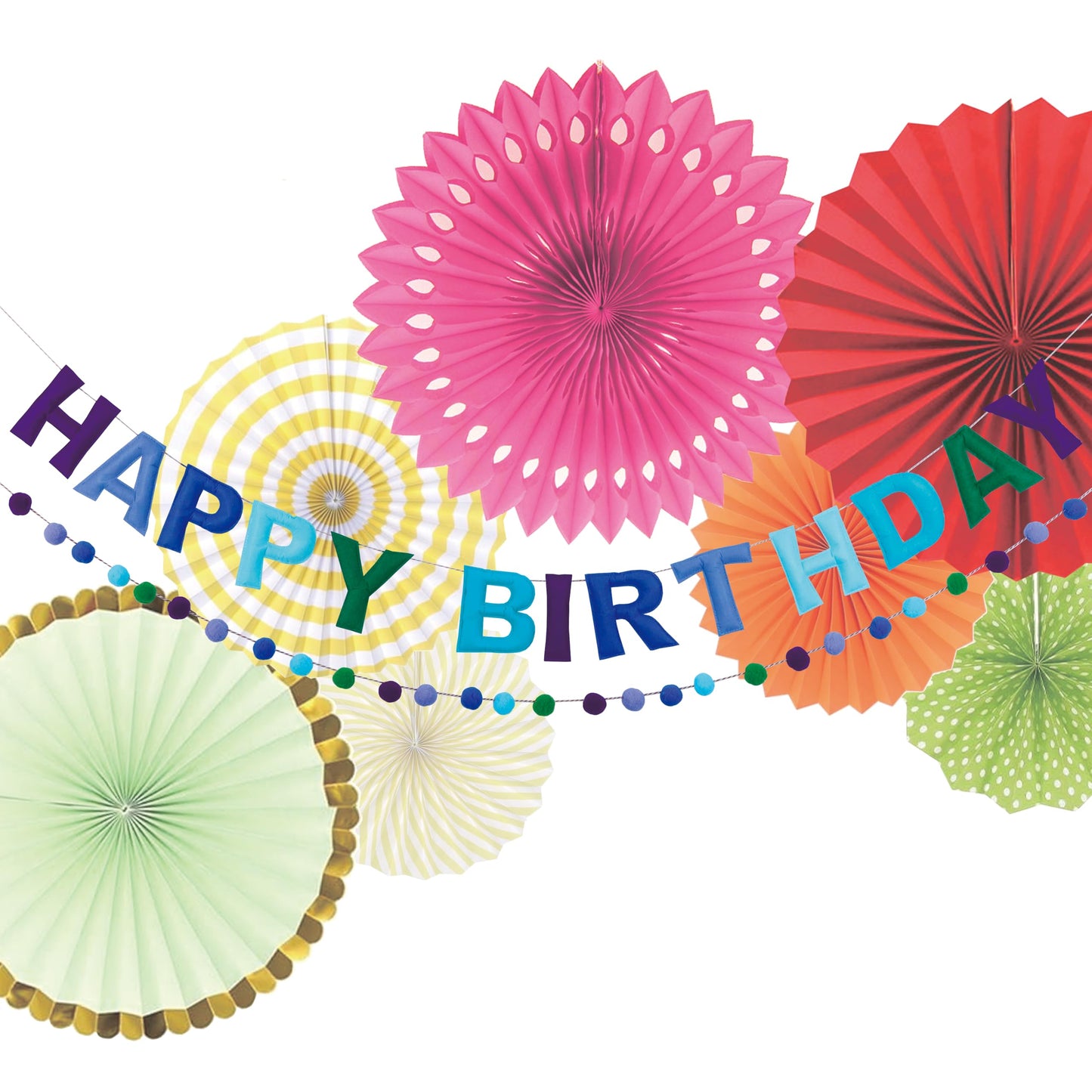 2 PCS Pre-Strung 3D Felt Happy Birthday Banner - Reusable Blue and Green Happy birthday Decorations Sign,Handmade Wool Felt Ball Garland, Pom Pom Garland, Party Decor, Photo Prop