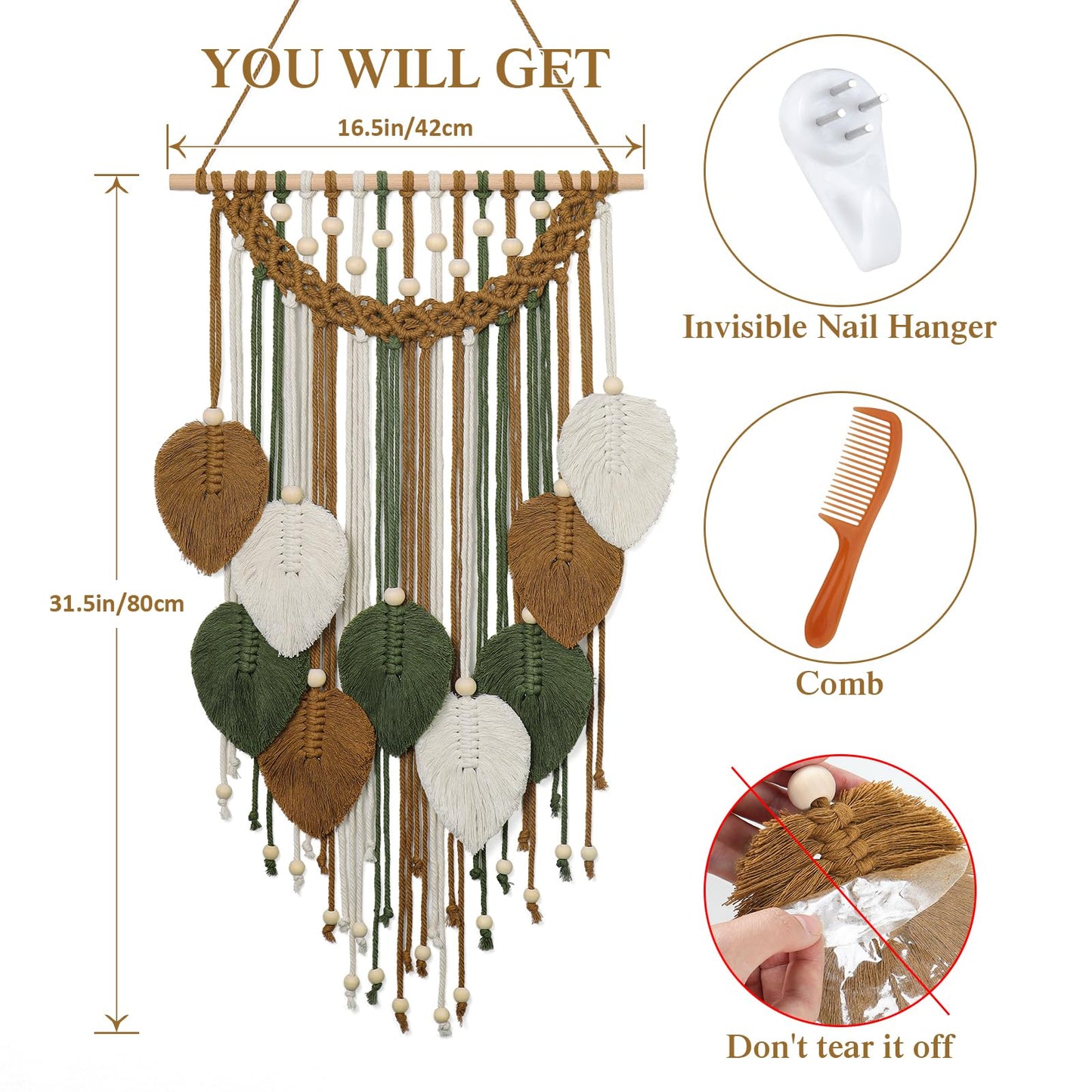 Weldomcor Macrame Wall Hanging Boho Leaf Woven Tapestry, Bohemian Chic Home Decor Modern Handmade Leaves Feather Wall Art Decorations for Bedroom Living Room Apartment Ornament 16.5" W X 31.5" L