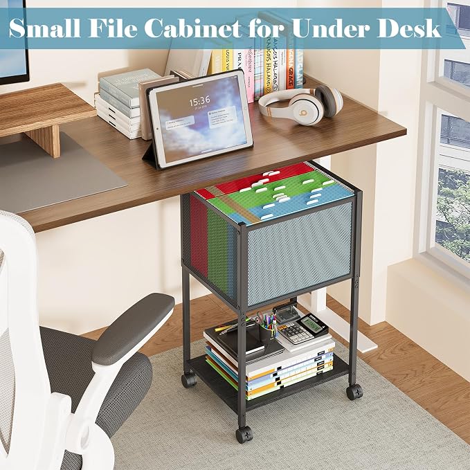 Sbanmao Letter/Legal Rolling File Cart, Narrow Mobile File Cabinet with Wheels Hanging Files, Metal Hanging File Folder Cart File Organizer Under Desk Storage for Home Office, Black