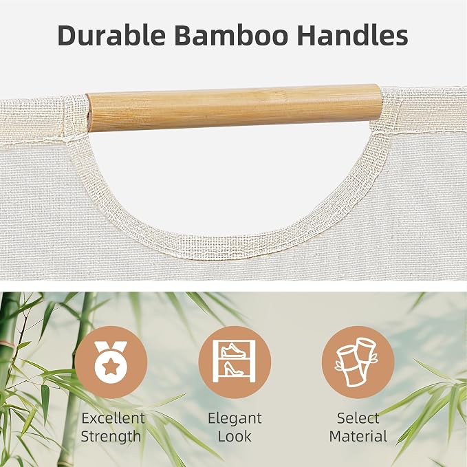 STORAGE MANIAC 3-Pack Large Laundry Hamper, 80L (21.1 Gal) Collapsible Laundry Basket with Bamboo Handles, Freestanding Waterproof Clothes Hamper for Laundry Room, Bedroom, Dorm, Towels, Beige