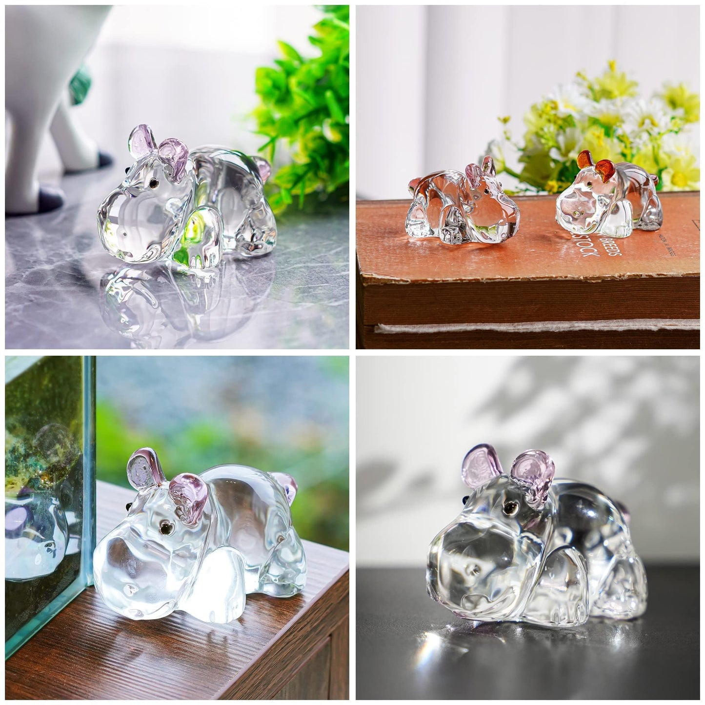 HDCRYSTALGIFTS 2.8inch Crystal Hippo Figurines Collectibles Gift for Women Art Glass Hippopotamus Statue Animal Paperweight Ornament for Table Home Decoration