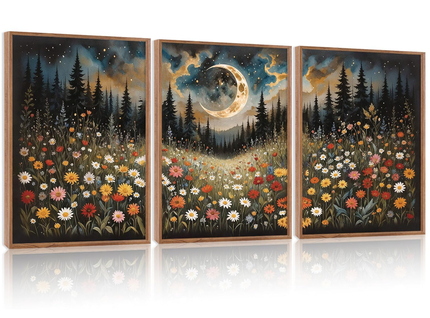 HPINUB Wildflower Moon Forest Framed Canvas Wall Art Set,Nature Pine Tree Wall Decor,Mystical Starry Night Artwork Rustic Mountain Landscape Art Print For Living Room,Bedroom(Set of 3,12X16 Inch)