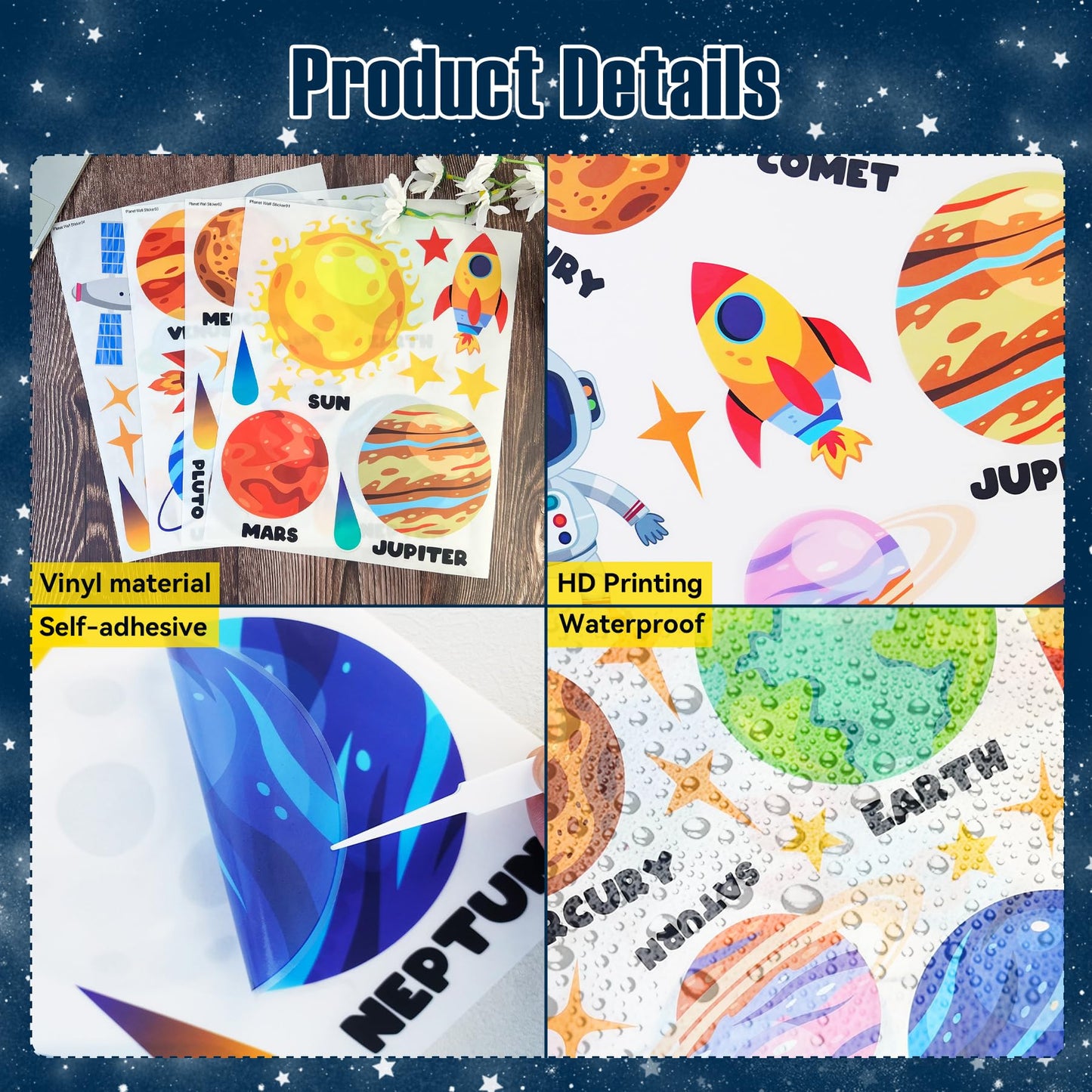 Outer Space Wall Decals - 4 Sheets 58 Pcs Large Space Planets Rocket Astronaut Wall Stickers Peel and Stick Removable Wall Decors for Kids Baby Bedroom Boys Room Nursery Playroom Classroom