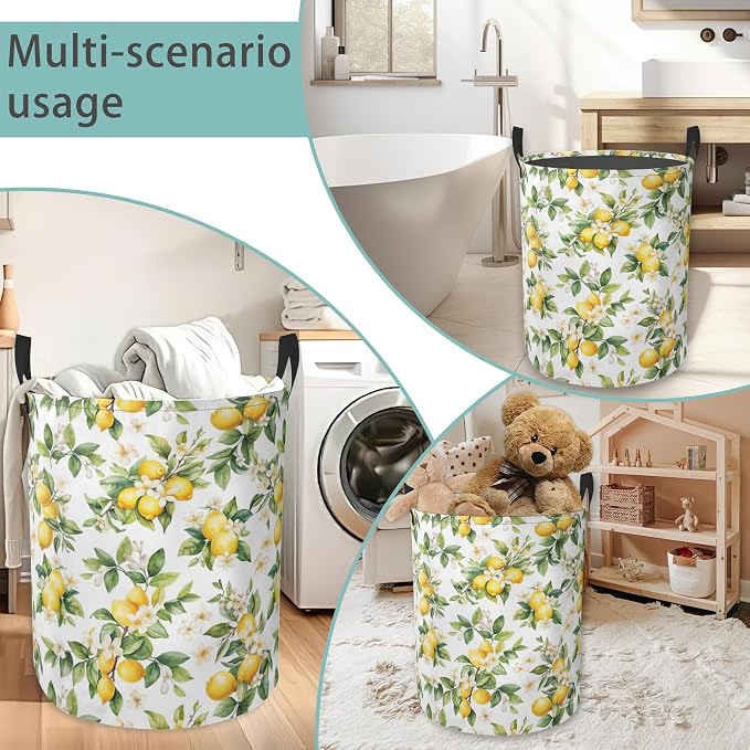 Laundry Basket With Handle, Dirty Clothes Laundry Hamper, Oxford Cloth Bin Storage Organizer for Toy Collection (Lemon Summer)