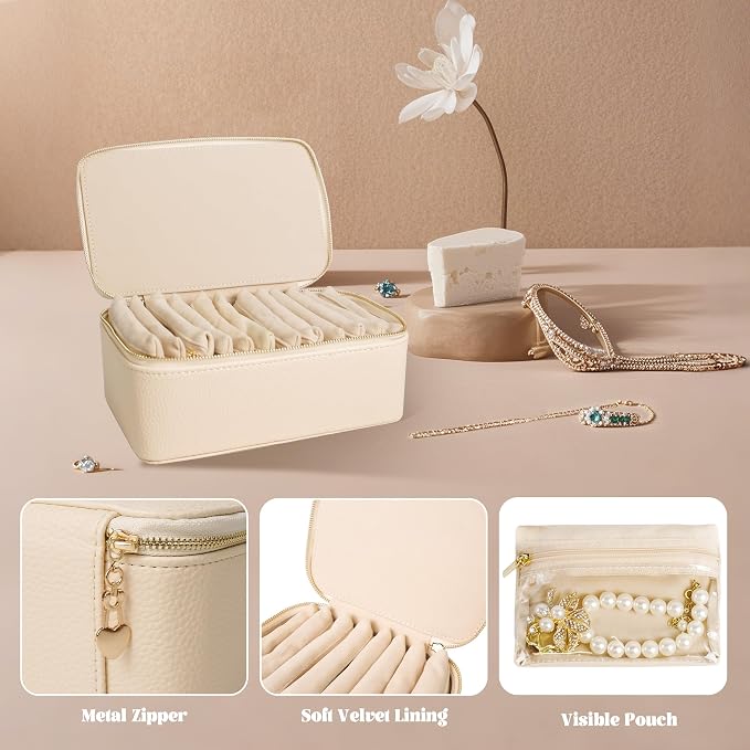 Travel Jewelry Case, Small Travel Jewelry Box with 12 Velvet Jewelry Bag Mini Pouch, Portable Travel Jewelry Organizer for Rings Earrings Necklaces (Beige 12 Pcs)