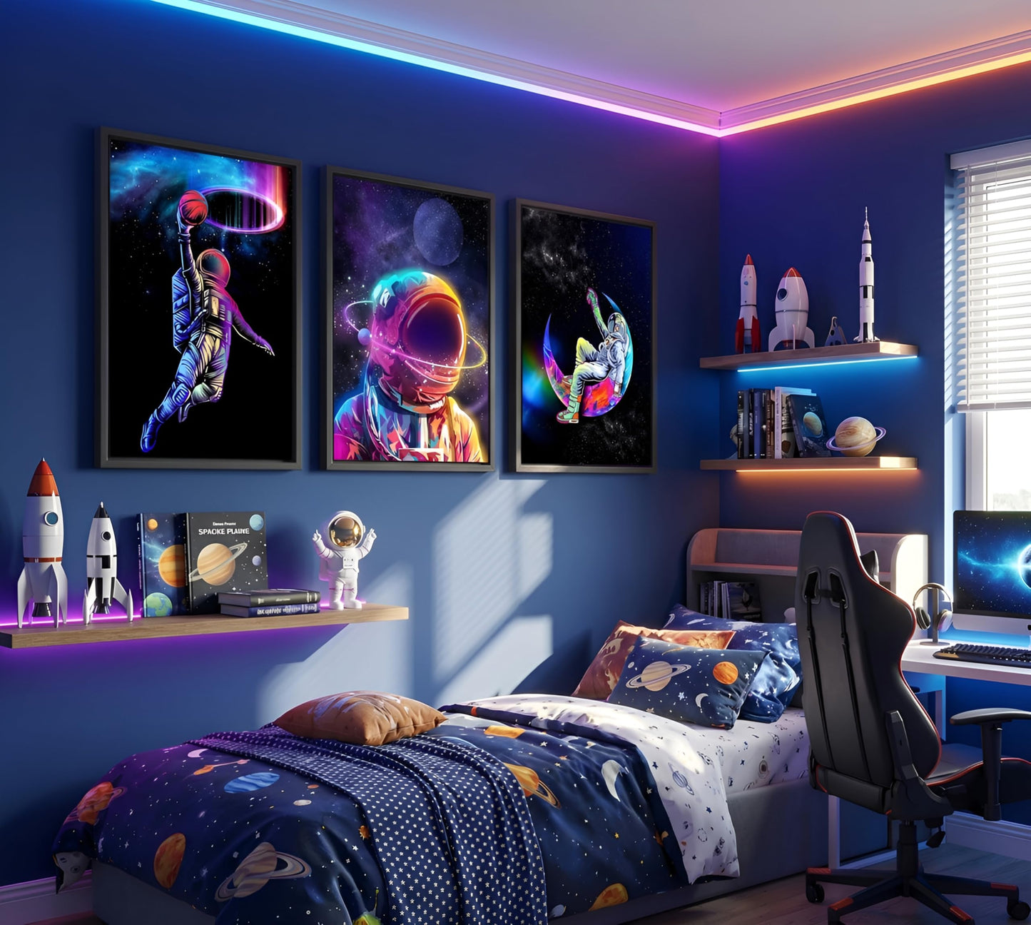 3pcs Cool Astronaut Canvas Wall Art Funny Whimsical Spaceman Basketball Posters Prints Paintings Universe Space Boy Wall Decor Pictures for Teen Boys Room Living Room Bedroom Decoration Unframed