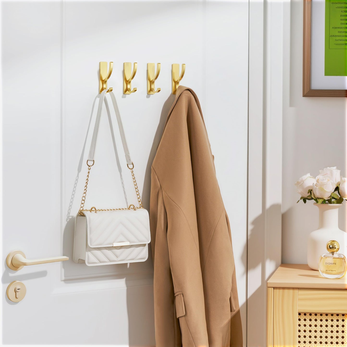 pickpiff Adhesive Wall Hooks for Towels - Sticky Hook Hanging Heavy Duty (13lb), Hanger for Door, Bathroom, Dorm, Closet - for Coats, Purse, Bag, Robe - No Damage to Wall - Gold 4 Pack