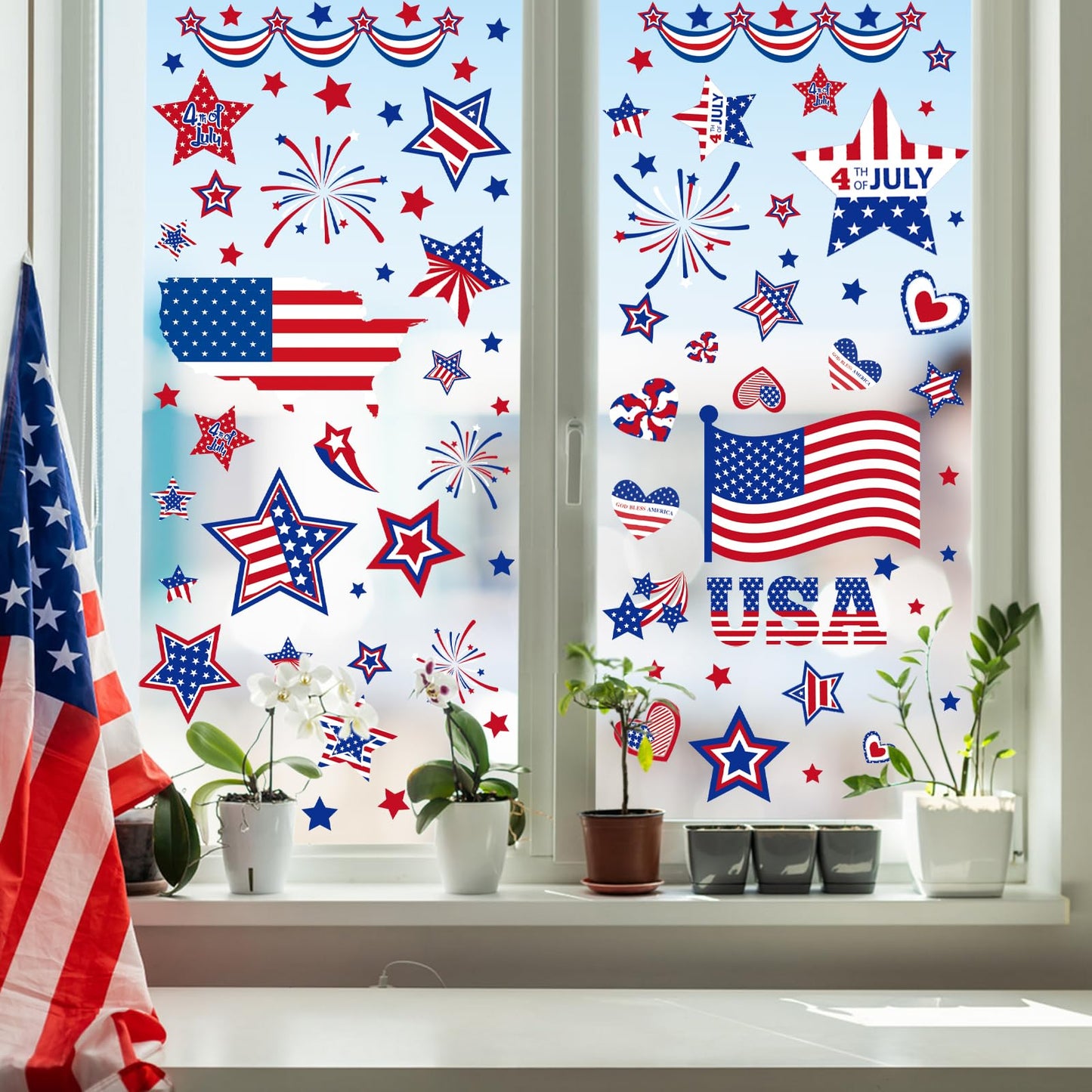 4th of July Window Clings Decorations,111 PCS Reusable Static Summer Patriotic American Flag Stickers for Glass Windows Independence Day,Memorial Day,Veteran's Day,USA Holiday Red White Blue Decor