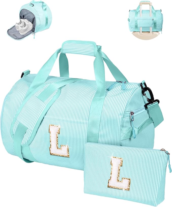 Birthday Gifts for Granddaughter, Girl Gym Bag, Kids Initial Overnight Duffel Bags with Shoe Compartment, Personalized Travel Bag with Makeup Pouch, Trendy Stuff for Teen (Letter L)