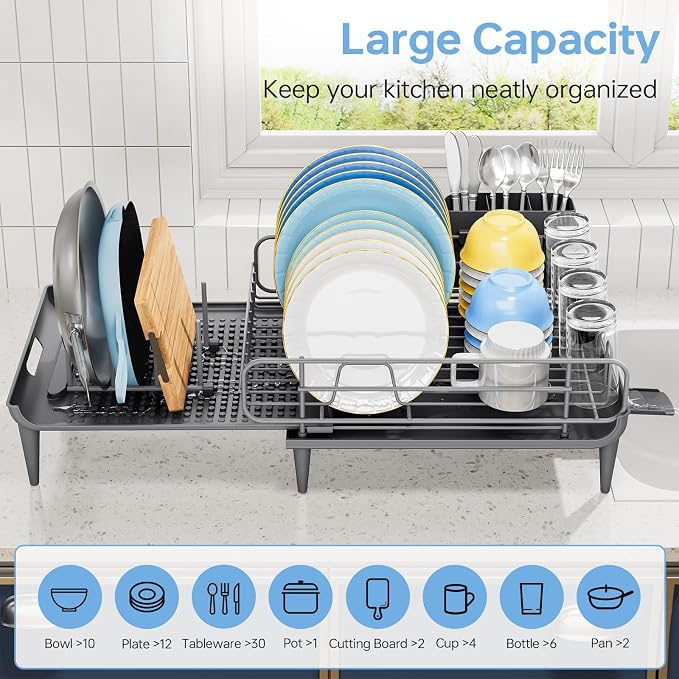TOOLF Large Dish Drying Rack, Expandable Dish Rack for Kitchen Counter, Multifunctional Dish Drainer, Organization and Storage Essentials with Cup & Cutlery Holders, 16.7"-26.8" L x 12.6" W, Gray