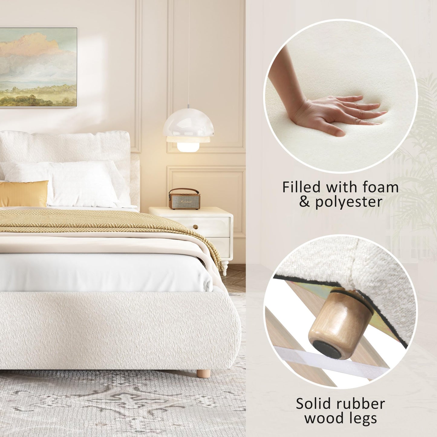 Christopher Knight Home Hazel Queen Size Bed Frame, Upholstered Platform Bed, Soft Boucle Queen Headboard, Removable Pillows Headboard, Wood Slats Support, No Box Spring Needed, Easy Assembly, White
