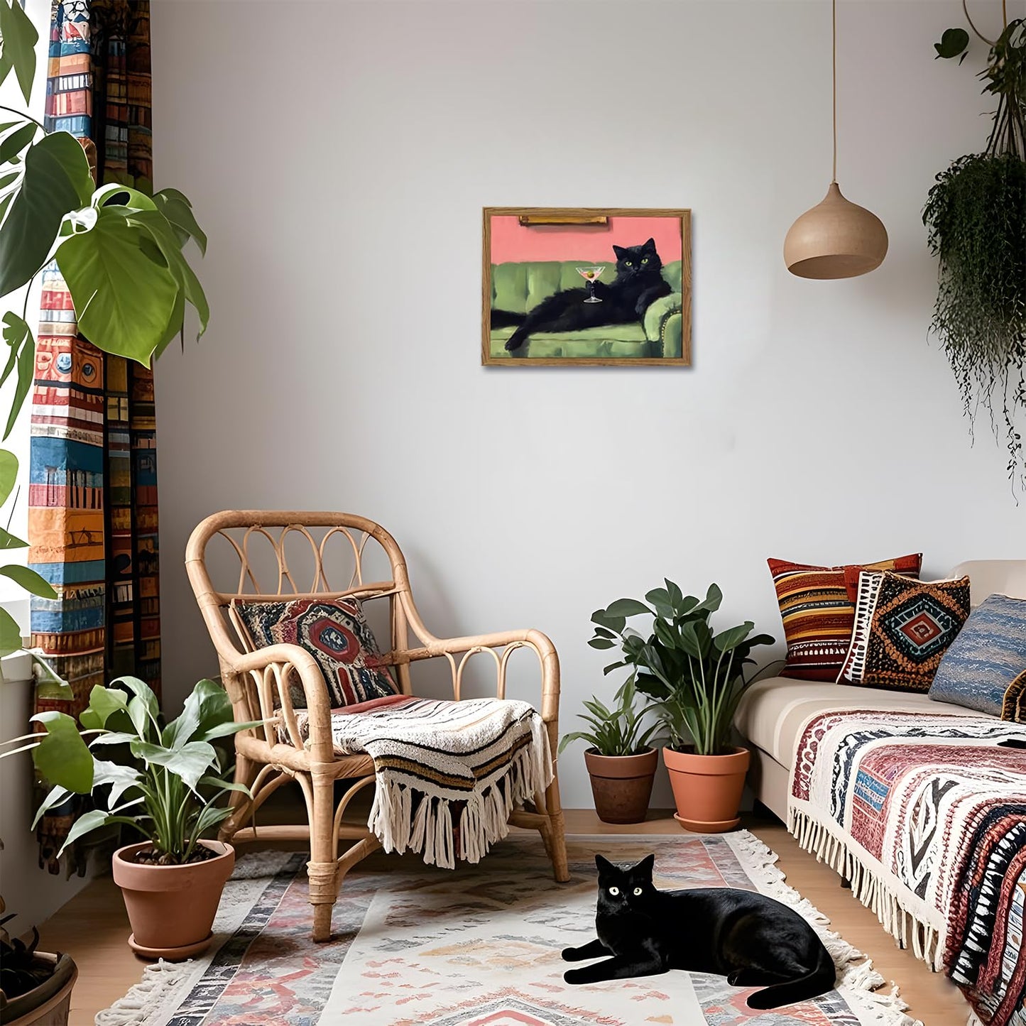Funny Black Cat Martini Wall Art, Bar Cart Decor, Eclectic Cocktail Painting Canvas Print, Cute Animal Artwork Picture for Bedroom Living Room Kitchen 12x16 inch Wood Framed