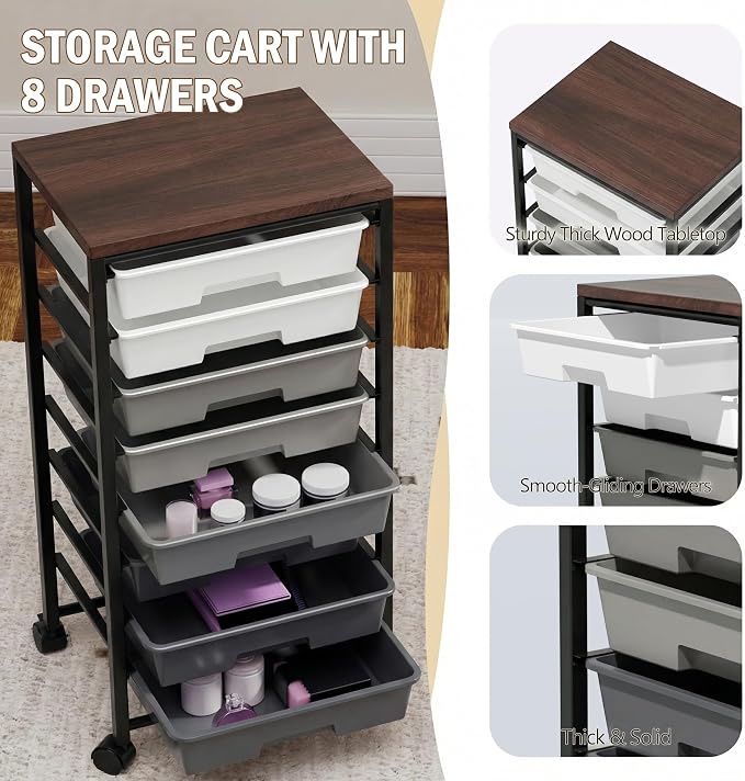 Rolling Cart with 8 Drawers, Storage Drawers Cart with Wooden Tabletop and Lockable Wheels, Craft Storage for Living Room, Office, Classroom, Craft Room, Bedroom (Gray)