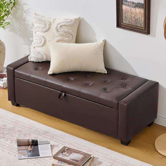 Huatean Home 48" Ottoman with Storage, Storage Ottoman Bench with Safety Hinge, Upholstered Entryway Bench with Seating for Bedroom, Living Room, Holds up to 330 lb, Dark Brown