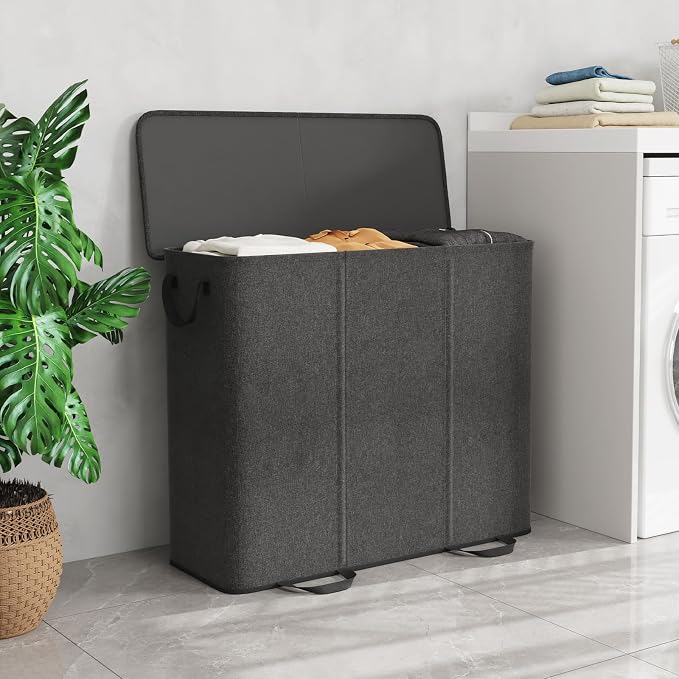 Lifewit Triple Laundry Hamper with Lid and Removable Laundry Bags, Large Collapsible 3 Dividers Dirty Clothes Basket with Handles for Bedroom Laundry Room Closet Bathroom College, 185L Black