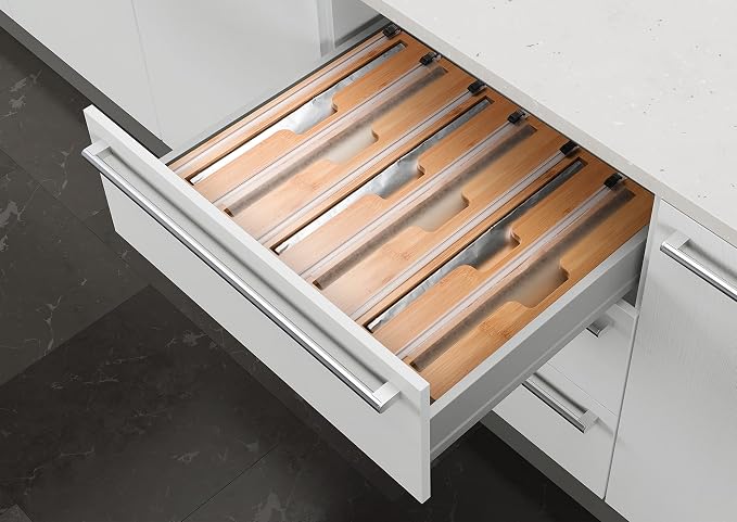 MELDEVO 2 in 1 Wrap Dispenser with Cutter and Labels, Plastic Wrap, Aluminum Foil and Wax Paper Dispenser for Kitchen Drawer, Bamboo Roll Organizer Holder, Compatible with 12" Roll