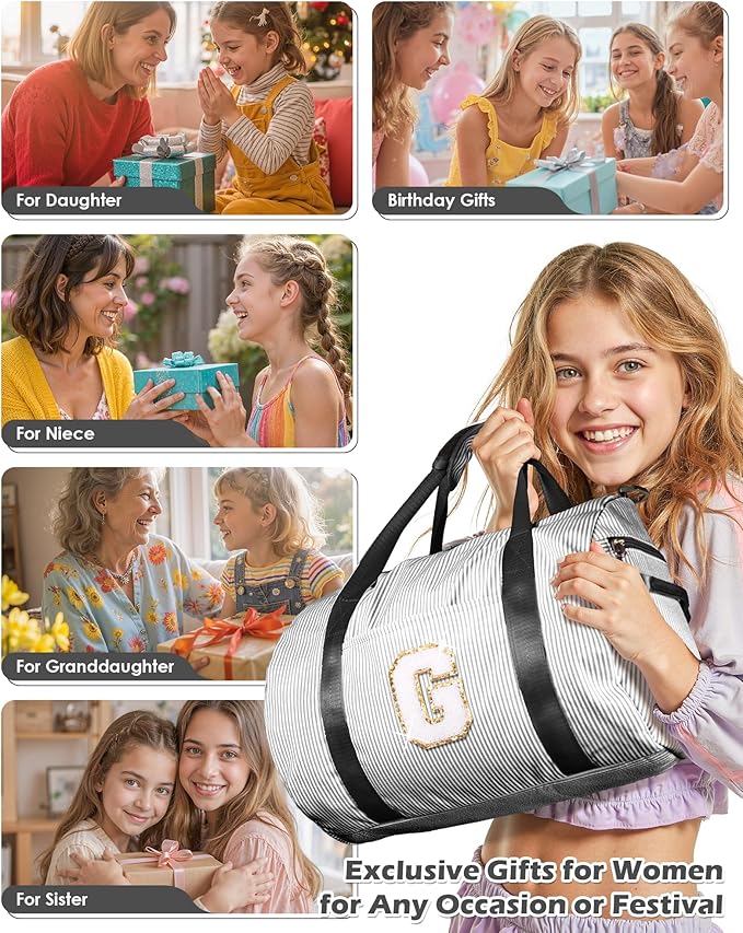 Cute Preppy Gift for Girls, Girl Gym Bag, Kids Monogram Overnight Duffel Bags with Shoe Compartment, Personalized Travel Bag with Makeup Pouch, Chenille Birthday Gifts for Teen (Letter D)