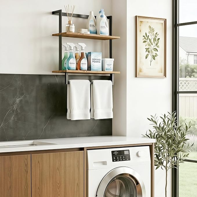 Wall Mounted Towel Rack for Bathroom, Bath Storage Holder 3-Tier Steel Wood Towel Shelf with Bar, Rustic Brown