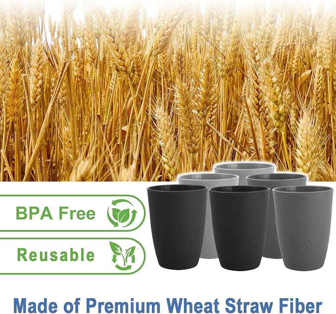 6 Pack Wheat Straw Cups 12 oz, Plastic Cups Reusable Drinking Glasses, Small Kids Cup, Unbreakable Water Tumblers Set Kitchen Cup Dishwasher Safe (Black, Grey)